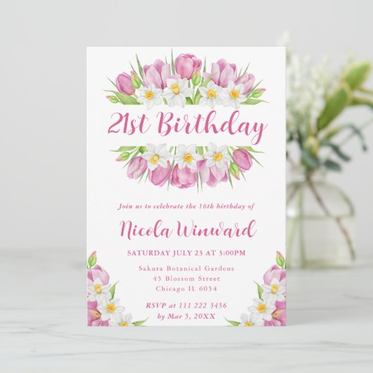 水彩チューリップとダフォジルスフレーム誕生日 招待状 (スタンド正面)