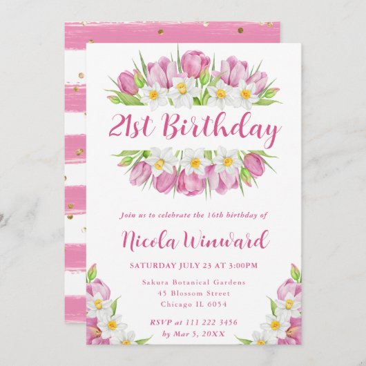 水彩チューリップとダフォジルスフレーム誕生日 招待状 (正面/裏面)