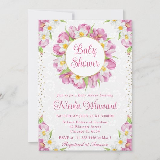 水彩チューリップとダフォジルリースベビーシャワー 招待状 (正面)