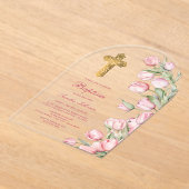 水彩チューリップアーチバプテスマ アクリル招待状 (レイダウン)