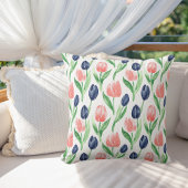 水彩チューリップピンクコーラルネイビーブルーフローラ クッション