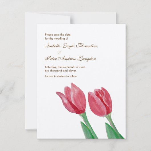 水彩チューリップ日付のカードを結婚保存 セーブザデート (正面)