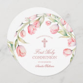 水彩チューリップ最初のコミュニオンラウンド 招待状 (正面/裏面)