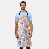 水彩チューリップ模様オールオーバープリントエプロン エプロン (着用した状態)