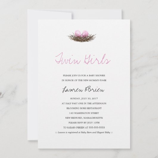 水彩ツインガールズバードズネストベビーシャワー 招待状 (正面)