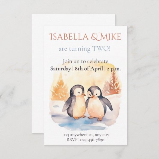 水彩ツインパーティの招待状編集可能 招待状 (正面/裏面)