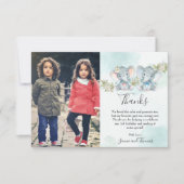 水彩ツインボーイガールエレファント誕生日写真 サンキューカード (正面)
