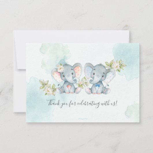 水彩ツインボーイガールエレファント誕生日写真 サンキューカード (裏面)