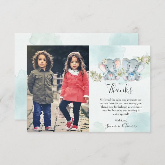 水彩ツインボーイガールエレファント誕生日写真 サンキューカード (正面/裏面)