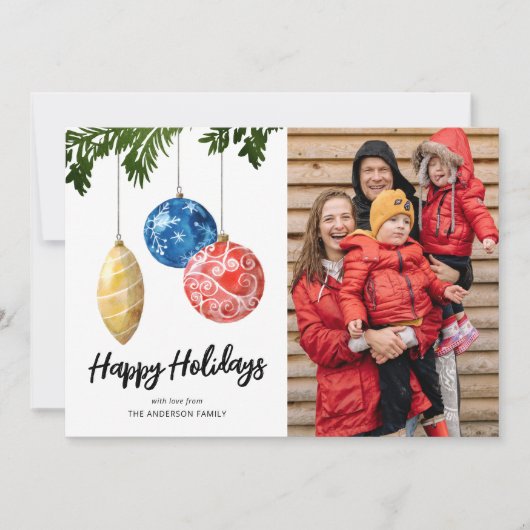 水彩ツリーオーナメントフォトクリスマス シーズンカード (正面)