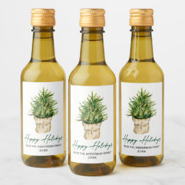 水彩ツリー書道インクミニマリストホリデイ ワインラベル