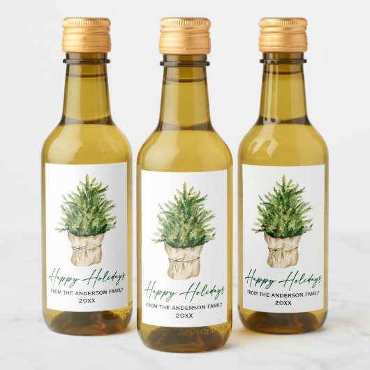 水彩ツリー書道インクミニマリストホリデイ ワインラベル (ボトル)