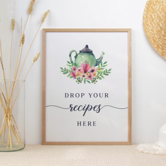 水彩ティーポットここにレシピを落とすサイン ポスター