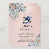 水彩ティーポットブルーベリーフローラベビーシャワー 招待状 (正面/裏面)