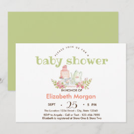 水彩ティーポット花赤ちゃんシャワー 招待状