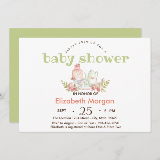 水彩ティーポット花赤ちゃんシャワー 招待状 (正面/裏面)