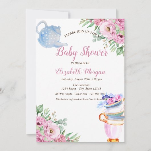 水彩ティーポット茶カップフローラ赤ちゃんシャワー 招待状 (正面)