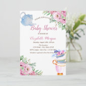 水彩ティーポット茶カップフローラ赤ちゃんシャワー 招待状 (スタンド正面)