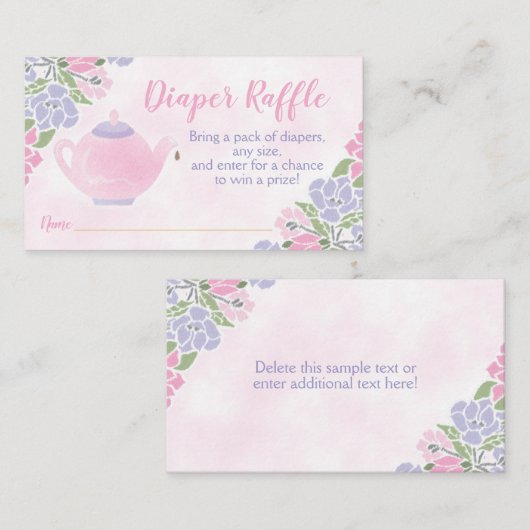 水彩ティーポット赤ちゃんシャワーおむつラッフルチケット エンクロージャーカード (正面/裏面)
