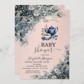 水彩ティーポットBlueberry花赤ちゃんシャワー 招待状 (正面/裏面)