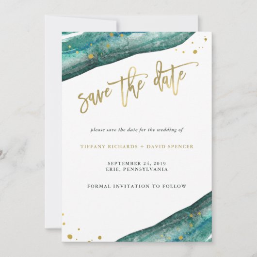 水彩ティール(緑がかった色)と金ゴールドのゲード日付を保存 セーブザデート (正面)