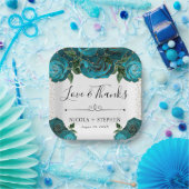 水彩ティール（緑がかった色）と金ゴールドグラムバラ結婚ズ ペーパープレート (パーティー)