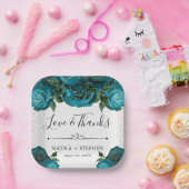 水彩ティール（緑がかった色）と金ゴールドグラムバラ結婚ズ ペーパープレート (パーティー)