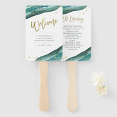水彩ティール（緑がかった色）と金ゴールドゲ結婚ードへようこそ ハンドファン (正面&裏面)