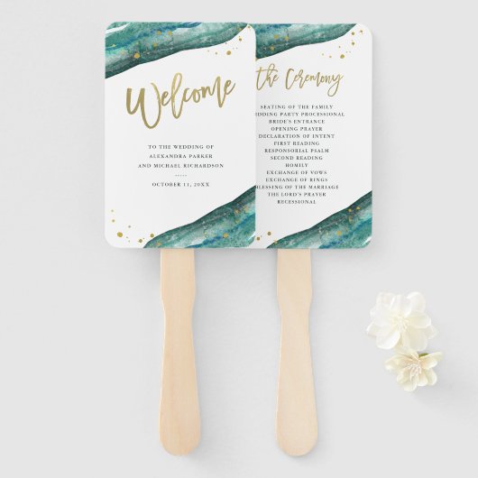 水彩ティール（緑がかった色）と金ゴールドゲ結婚ードへようこそ ハンドファン (正面&裏面)