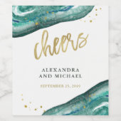 水彩ティール（緑がかった色）と金ゴールドゲ結婚ード応援 ワインラベル (シングルラベル)