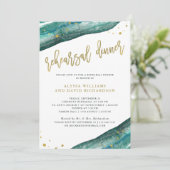 水彩ティール（緑がかった色）と金ゴールドジオードリハーサルディナー 招待状 (スタンド正面)