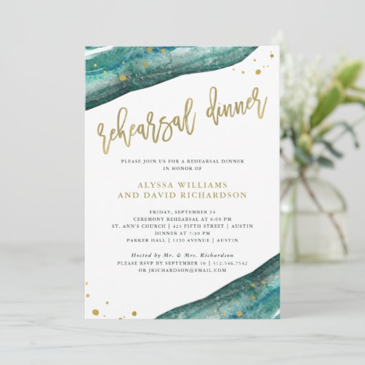 水彩ティール（緑がかった色）と金ゴールドジオードリハーサルディナー 招待状 (スタンド正面)
