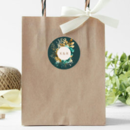 水彩ティール(緑がかった色)と金ゴールドフローラモノグラム結婚ズ ラウンドシール