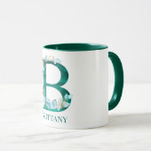 水彩ティール（緑がかった色）と金ゴールドモノグラムレターB マグカップ (正面右)