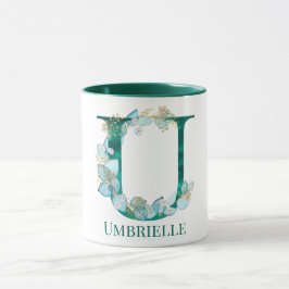 水彩ティール（緑がかった色）と金ゴールドモノグラムレターU マグカップ