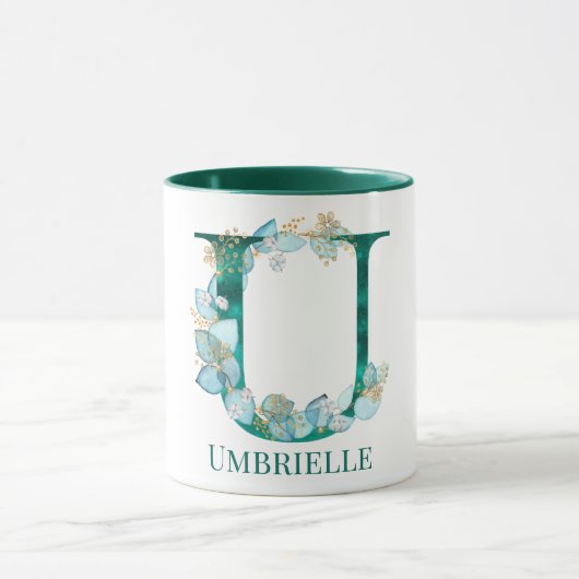 水彩ティール（緑がかった色）と金ゴールドモノグラムレターU マグカップ (中央)
