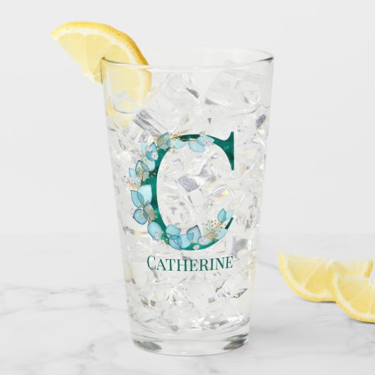 水彩ティール（緑がかった色）と金ゴールドモノグラム文字C タンブラーグラス (アイス正面)