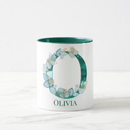 水彩ティール（緑がかった色）と金ゴールドモノグラム文字O マグカップ