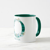 水彩ティール(緑がかった色)と金ゴールドモノグラム文字O マグカップ (正面右)