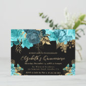 水彩ティール（緑がかった色）と金ゴールド花キンセアニェラ 招待状 (スタンド正面)