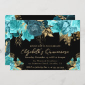 水彩ティール（緑がかった色）と金ゴールド花キンセアニェラ 招待状 (正面/裏面)