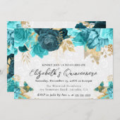 水彩ティール（緑がかった色）と金ゴールド花キンセアニェラ 招待状 (正面/裏面)