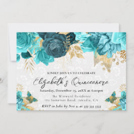 水彩ティール（緑がかった色）と金ゴールド花キンセアニェラ 招待状
