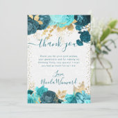 水彩ティール（緑がかった色）と金ゴールド花誕生日 サンキューカード (スタンド正面)