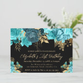 水彩ティール（緑がかった色）と金ゴールド花21歳 招待状 (スタンド正面)