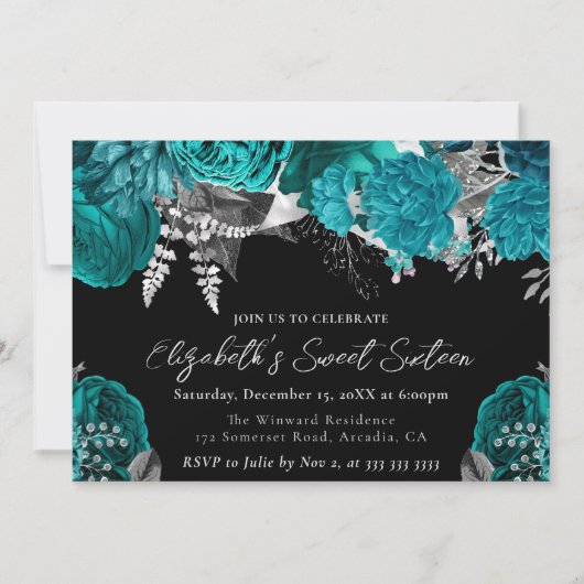 水彩ティール（緑がかった色）と銀バラSweet sixteen 招待状 (正面)