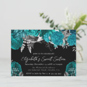 水彩ティール（緑がかった色）と銀バラSweet sixteen 招待状 (スタンド正面)