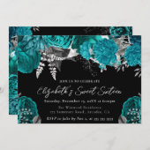 水彩ティール（緑がかった色）と銀バラSweet sixteen 招待状 (正面/裏面)