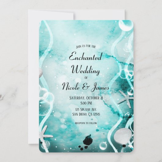 水彩ティール（緑がかった色）インクが海の下に飛び散結婚る 招待状 (正面)
