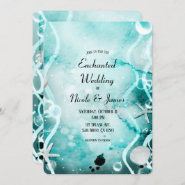 水彩ティール（緑がかった色）インクが海の下に飛び散結婚る 招待状